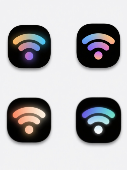 四个不同配色、不同样式的WiFi图标，采用现代简约的渐变风格设计，每个图标都有柔和的光晕效果，色彩搭配和谐且具有视觉吸引力，图标排列整齐有序，背景为纯白色，整体呈现出简洁、清晰、专业的视觉效果，适合用于网络相关的应用界面或宣传材料中。预览效果