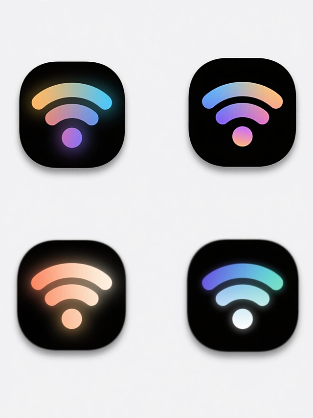 四个不同配色、不同样式的WiFi图标，采用现代简约的渐变风格设计，每个图标都有柔和的光晕效果，色彩搭配和谐且具有视觉吸引力，图标排列整齐有序，背景为纯白色，整体呈现出简洁、清晰、专业的视觉效果，适合用于网络相关的应用界面或宣传材料中。