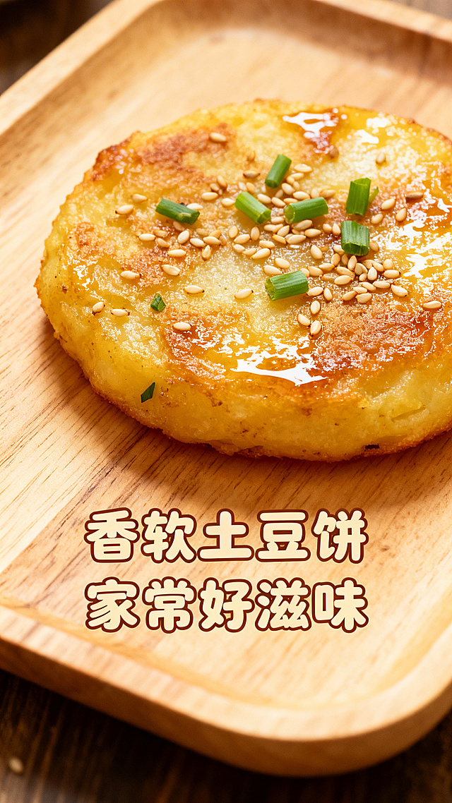 金黄诱人的土豆饼，表面点缀芝麻和葱花，搭配清新木质餐盘，文案“香软土豆饼 家常好滋味”