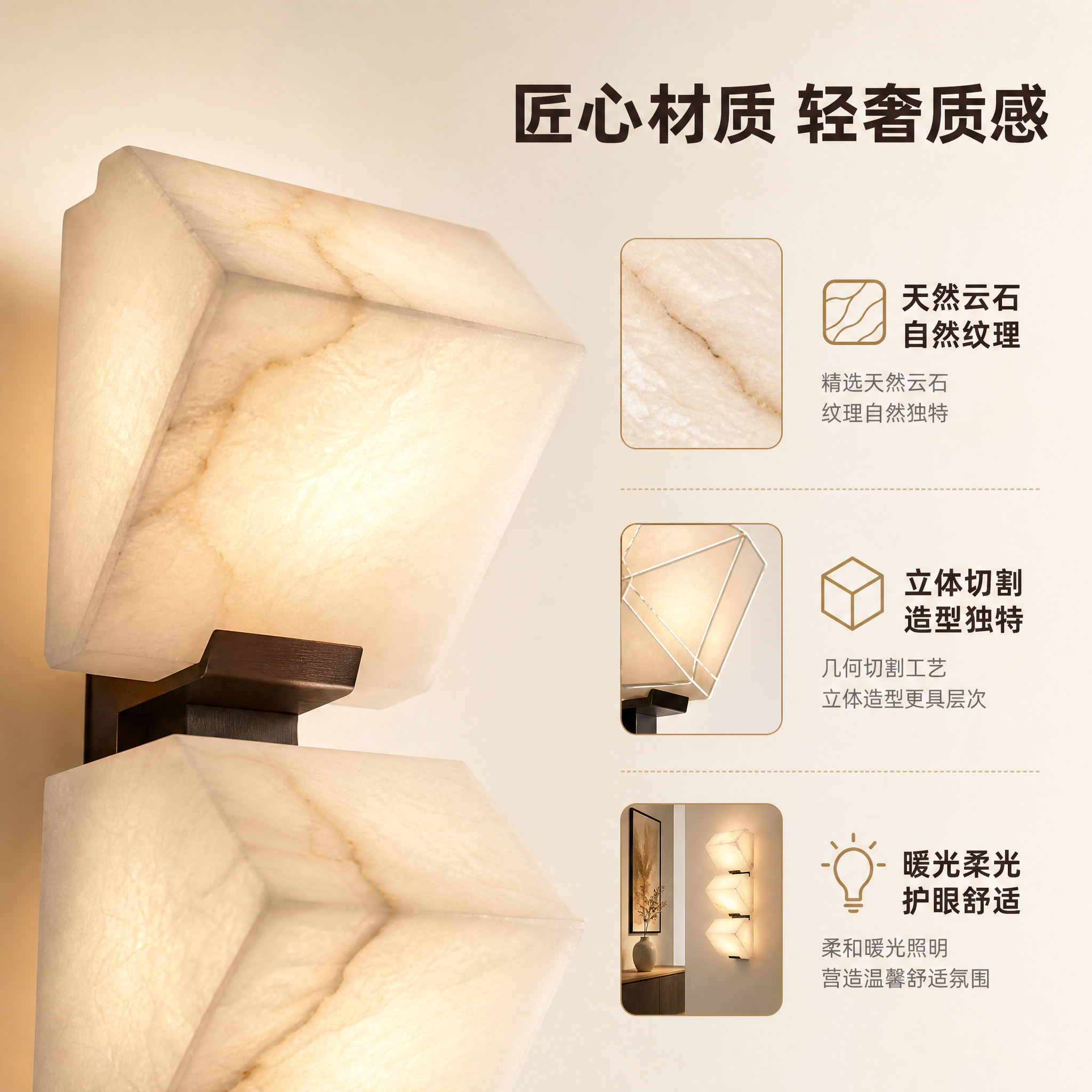 [主图-2] 云石壁灯材质细节与卖点信息图，近距离展示云石纹理… - 图片创意预览