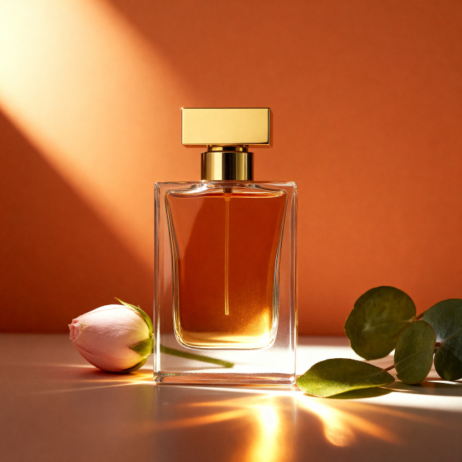 长方形透明玻璃香水瓶，金色方形瓶盖，瓶身内装有琥珀色香水液体，保持物理结构绝对不变，瓶身通透严禁扭曲变形。
轻奢优雅暖调室内场景，暖棕奶油色调，搭配浅粉色花苞和尤加利绿叶做点缀。
侧逆光从左侧打入。【预览效果