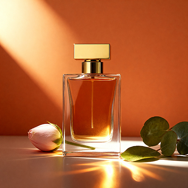 长方形透明玻璃香水瓶，金色方形瓶盖，瓶身内装有琥珀色香水液体，保持物理结构绝对不变，瓶身通透严禁扭曲变形。
轻奢优雅暖调室内场景，暖棕奶油色调，搭配浅粉色花苞和尤加利绿叶做点缀。
侧逆光从左侧打入。【产品受光面泛起暖阳浅金色，暗部及边缘映射暖棕色的环境光晕。绝对禁止纯白高光，彻底物理融合】。
居中特写构图，主体产品平稳放置在浅色平面，占有画面核心位置。焦散光斑在桌面流动，充满自然生机。
微调平视视角，浅粉色花朵替换原图玫瑰，背景重构为渐变暖橙色纯色墙面，大幅改变光影纹理布局，消除所有品牌文字和Logo。
严格锁定宽高比为1:1。4K分辨率，商业高端美妆摄影，极高材质细节，极致干净通透，国内电商种草氛围感。