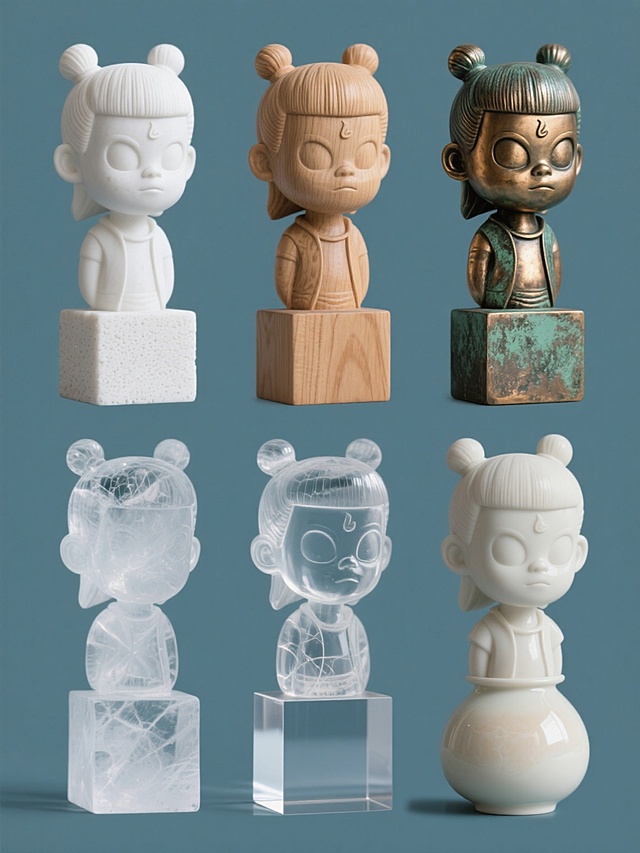 六个完全相同造型的哪吒大理石全身雕像，微侧头、凝视前方、方形底座，组成系列素材集合。左侧第一个为洁白细腻的石膏材质，表面有轻微颗粒感；第二个为温暖自然的原木材质，带有清晰木纹和浅棕色色调；第三个为晶莹剔透的冰雕材质，半透明且内部有细微冰裂纹理；第四个为复古金属质感的青铜材质，表面有氧化绿锈和金属光泽；第五个为现代感的亚克力材质，高透明并带有微妙折射效果；第六个为光滑温润的陶瓷材质，表面有细腻釉面