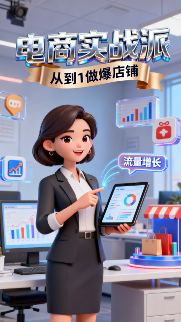 3D立体电商办公直播间场景，知性干练的职场女性IP人物，手持电商运营数据平板指向动态“流量增长”标签，立体标题“电商实战派”带金属拉丝光效，副标题“从0到1做爆店铺”呈悬浮缎带状，背景漂浮立体数据图表预览效果