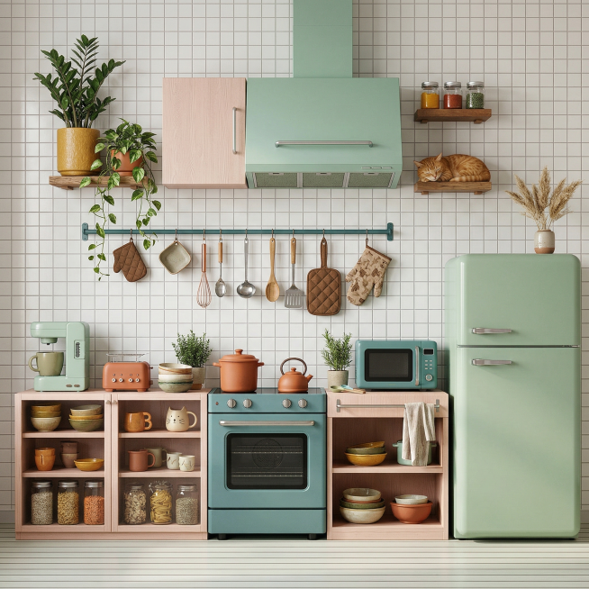 将这幅插画转化为真实风格的厨房场景，保留原有布局：白色方格墙砖，浅绿色复古冰箱，蓝绿色烤箱，薄荷绿抽油烟机，浅粉色木橱柜，墙面挂着厨具，架子上摆放绿植、收纳罐，还有一只橘猫趴在架子上，整体是温馨治愈的预览效果