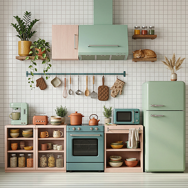 将这幅插画转化为真实风格的厨房场景，保留原有布局：白色方格墙砖，浅绿色复古冰箱，蓝绿色烤箱，薄荷绿抽油烟机，浅粉色木橱柜，墙面挂着厨具，架子上摆放绿植、收纳罐，还有一只橘猫趴在架子上，整体是温馨治愈的北欧风现实厨房，光影自然，材质真实，细节丰富，有生活气息