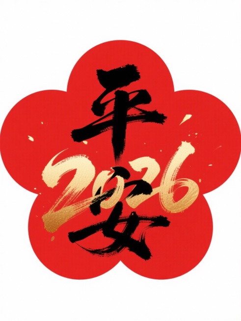 一个红色四瓣花形色块（边缘圆润的对称花形，高饱和正红色，无纹理），作为文字背景。
 - 主文字：“平安”二字，采用黑色传统毛笔书法字体（笔触浑厚有笔锋，呈现手写质感），竖向排列于花形中央；
   -预览效果