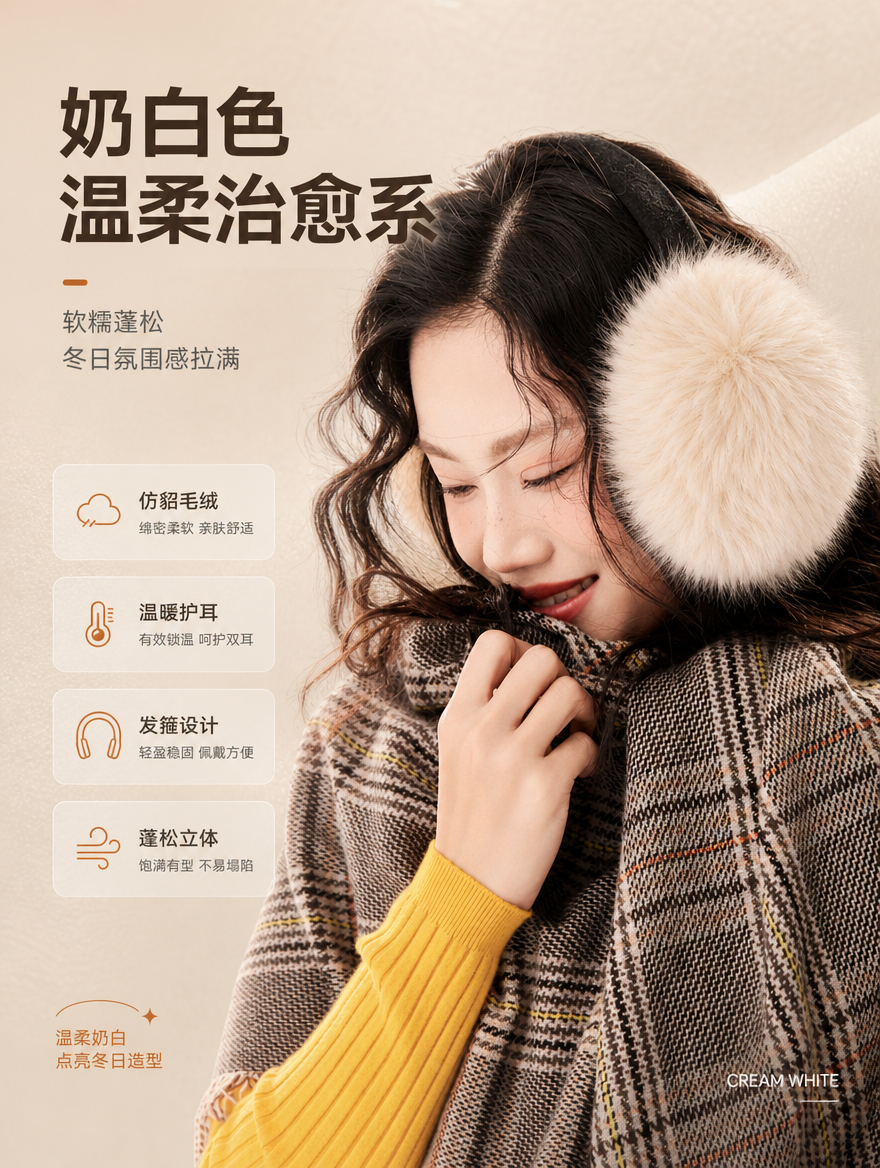 [商品] 使用【图7】奶白色仿貂毛耳罩佩戴效果；商品处理：保留… - 图片创意预览