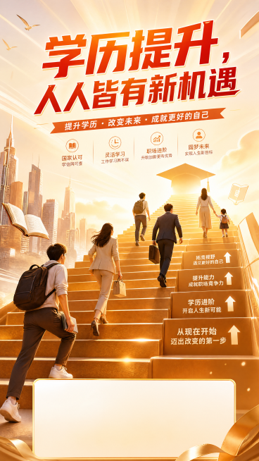 教育宣传海报，主标题写着"学历提升，人人皆有新机遇"，背景是明亮温暖的向上阶梯，象征一步步提升学历，画面中有不同人群努力向上攀登的剪影，风格积极正能量，适合直播宣传预览效果
