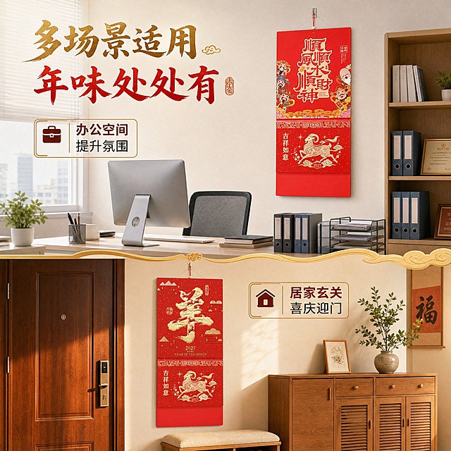 [主图-3] 2027羊年中国红烫金挂历 多场景使用展示图。
[统一基调] 喜庆中国风 高端烫金质感 新中式家居氛围 背景主色为暖米白+中国红点缀 标题字色为烫金+中国红 辅助字色为深棕 字体为大气书法体+简洁黑体 整体温暖喜庆有年味。
[画面] 画面分为上下两个场景区域，上半部分是办公室场景：白色办公墙面挂着顺风顺水款挂历，完整保留挂历三段式结构（上半图案、中间吉祥如意羊年、下方广告位），旁边有办公桌、电脑、文件等办公元素；下半部分是家庭玄关场景：入户门旁墙面挂着羊年大吉款挂历，完整保留挂历三段式结构，旁边有鞋柜、绿植、换鞋凳等家居元素。两个场景各占画面约一半，中间用金色祥云纹样分隔，展示挂历在不同空间的适配效果。
[光影质感] 商业摄影质感 两个场景均为柔和自然光 办公室光线偏冷白 家居场景偏暖黄 挂历在各自场景中光影自然融合 烫金部分有真实反光。
[配色] 整体以中国红和金色为主色调 办公场景偏灰白冷调 家居场景偏米黄暖调 形成对比又和谐统一。
[文字版式] 画面顶部中央主标题"多场景适用 年味处处有" 办公场景旁标注"办公空间 提升氛围" 家居场景旁标注"居家玄关 喜庆迎门" 文字清晰不遮挡主体。
[输出要求] 比例1:1 文字清晰可读 产品清晰完整 挂历底部广告位区域必须完整保留 无变形 无错字 无模糊 无杂乱背景 无水印 无平台Logo。