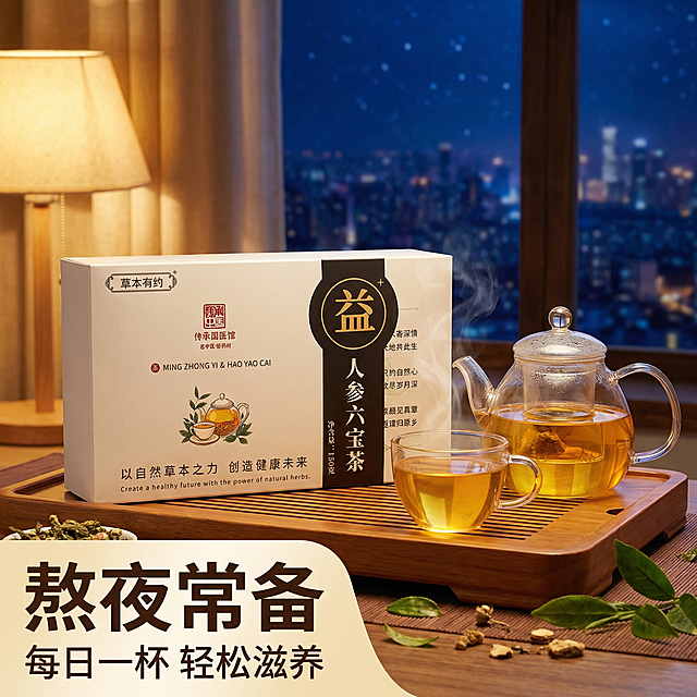 [主图 4] 人参六宝茶场景体验图，重新生成场景氛围
[氛围风格] 传统中式电商茶风，自然温馨养生氛围，品质专业感，风格光影和新主图1统一。
[画面元素] 商业摄影质感，光线柔和通透，产品清晰真实，画面干净高级。晚上居家场景，窗台边木质茶台上放着人参六宝茶包装盒和温热茶杯，窗外是深色夜景，室内暖台灯光线打在产品和茶台上，营造熬夜后喝茶养护的温馨场景，包装盒保持参考图外观。整体大图满铺无边框。
[配色色系] 主色调：暖棕室内灯光，深灰色夜景背景；辅助色：茶汤暖黄，绿植浅绿点缀。
[视角构图] 斜侧平视，景深适中，氛围感强。
[文字版式] 左下角负空间主标题 "熬夜常备" 大号米白色粗体字，副标题 "每日一杯 轻松滋养" 小号米白色字，深色背景文字对比清晰，不遮挡产品主体。
[比例分辨率] 1:1 比例，2k 分辨率；文字清晰可辨，超高清。
[负向提示词]变形，水印，文字错乱，产品图模糊，背景杂乱，文字遮挡主体。