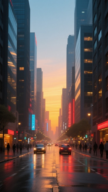 一幅具有高度真实感的城市景观，采用温暖的橙黄色调为主，搭配蓝色和红色的霓虹灯光点缀，营造出黄昏时分的氛围感。画面采用对称式构图，以街道中轴线为视觉引导线，两侧是高耸的现代建筑，建筑表面有丰富的窗户细节和材质纹理。街道上有行驶的汽车和行走的行人，路面反射着灯光，呈现出湿润的质感。远处的天空呈现出渐变的橙黄色到淡蓝色，给人一种宁静而繁华的感觉。整体画面光影对比适中，阴影细节丰富，高光部分呈现出柔和……预览效果