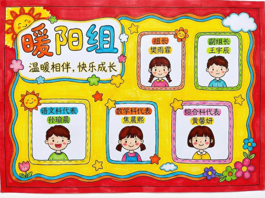 参考第二张图的色彩搭配，修改第一张手抄报：将外边框改为红色外层和黄色内层的粗纯色边框，给整体背景增加明亮的黄色底色，提升整体色彩感，保留原有所有文字内容、人物自画像和排版布局，保持小学生手绘风格预览效果