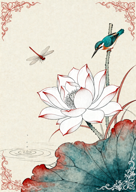 中国风古风工笔花鸟插画，中式传统国画风格，淡雅荷花，搭配翠鸟和蜻蜓，细腻白描线条，朱砂、石青复古国画配色，边角带有缠枝纹装饰，柔和底色，整体古典雅致，细节精致预览效果