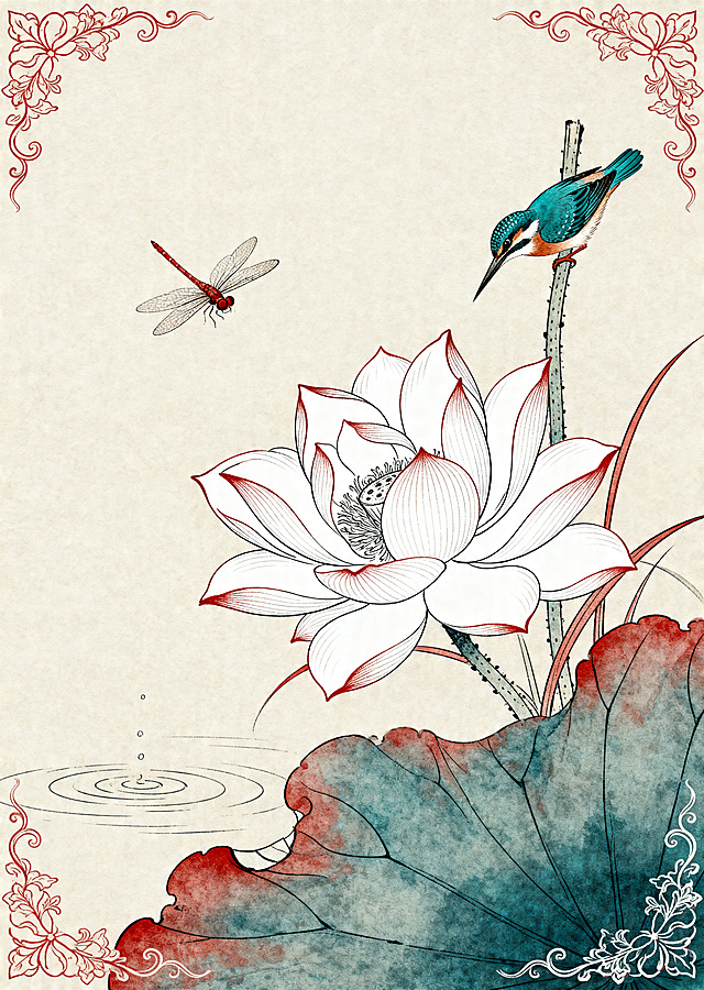 中国风古风工笔花鸟插画，中式传统国画风格，淡雅荷花，搭配翠鸟和蜻蜓，细腻白描线条，朱砂、石青复古国画配色，边角带有缠枝纹装饰，柔和底色，整体古典雅致，细节精致