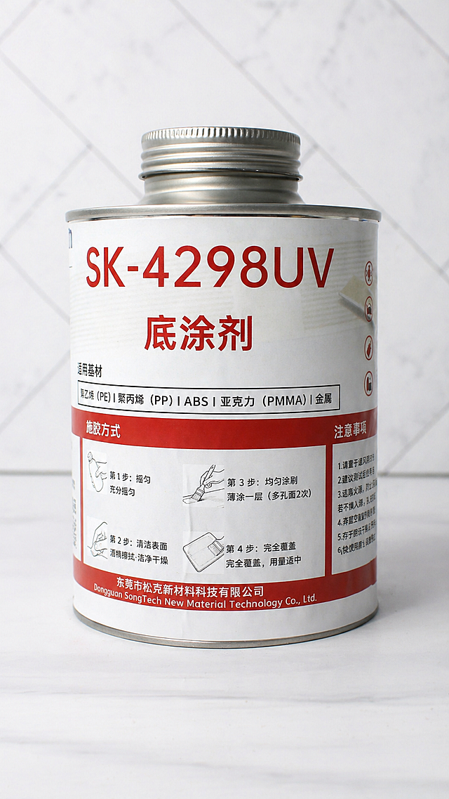基于这张SK-4298UV底涂剂商品图，生成罐子正面45度拍摄角度的产品图，保持产品标签文字完整清晰，优化画面质感，保留原标签所有信息和红白配色设计