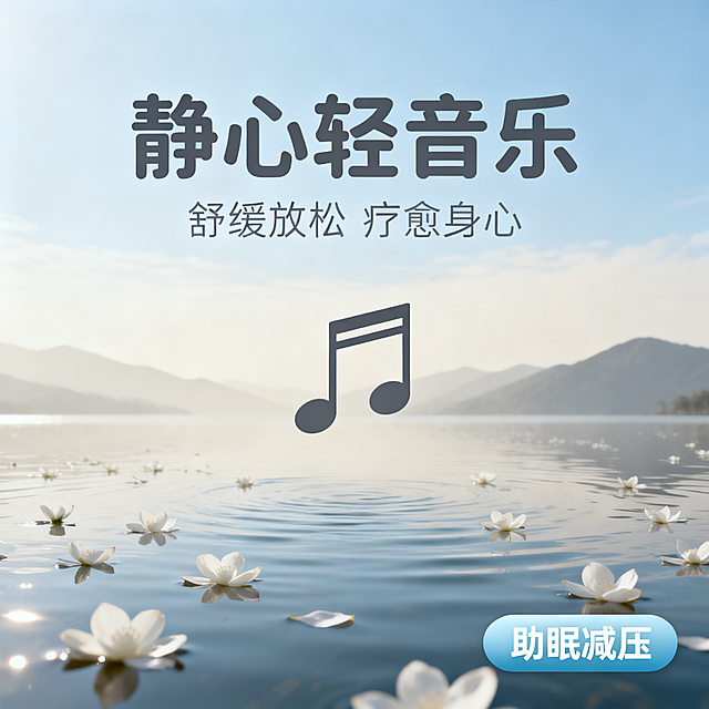 [主图 1] 放松疗愈轻音乐主题首图，突出静心舒缓效果。
[氛围风格] 静谧宁静的自然冥想氛围，治愈高级感。
[画质] 商业设计质感、光线柔和通透、元素清晰真实、画面干净高级，超高清。
[元素] 画面中心是简化音乐符号音符搭配平静水面，水面漂浮几片白色花瓣，远处是朦胧的浅山层叠，天空泛着浅蓝柔光。整体营造安静空旷的冥想空间，没有多余元素干扰。商品视觉主体占比约70%，满屏无边框设计。
[光影] 整体均匀柔和的漫射自然光，浅蓝冷调主光，搭配米白环境补光，水面有轻微波光粼粼的高光点缀，暗部保留柔和层次，没有硬阴影。
[配色] 主色调浅天空蓝，辅助色米白色，浅灰远山，整体清新低饱和配色。
[视角构图] 平视中心构图，景深较浅突出中心元素，画面干净透气。
[文字版式] 画面上方偏中心位置放置主标题“静心轻音乐”，字体圆润柔和，深灰色粗体最大号；副标题“舒缓放松 疗愈身心”，字体大小约为主标题一半，浅灰色放置在主标题下方；右下角点缀一枚浅蓝圆角胶囊标签“助眠减压”，白色文字。所有文字放置在负空间，不遮挡主体元素，对比清晰易读。
[比例分辨率] 1:1 比例，2k 分辨率；文字清晰锐利，画面超高清。
[负向提示词] 变形，水印，文字错乱，产品图模糊，背景杂乱，配色刺眼，遮挡主体，绝对化违禁词。
