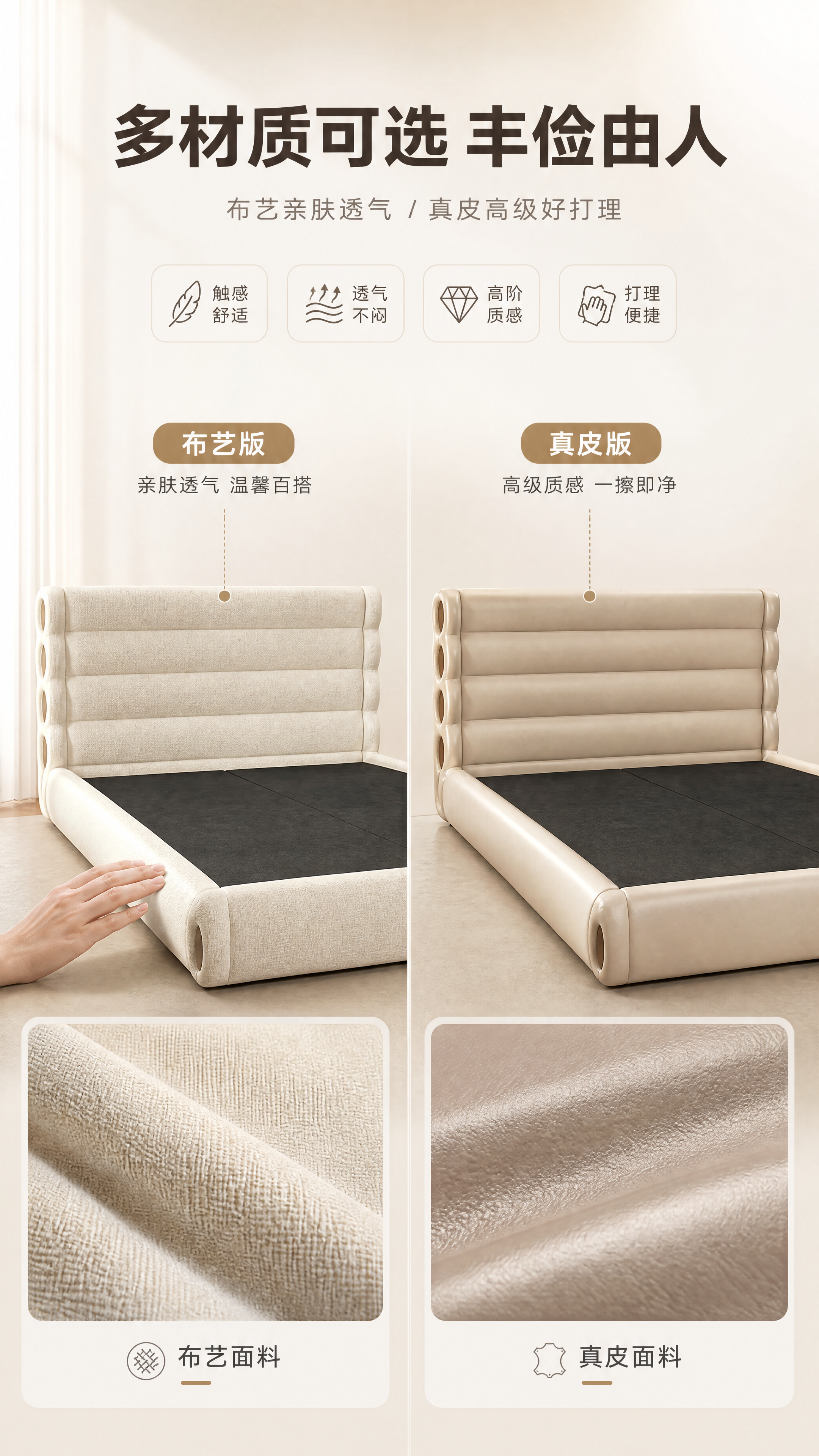 [商品] 使用【图1】米白色高饱满软包床头床架；商品处理：保留… - 图片创意预览