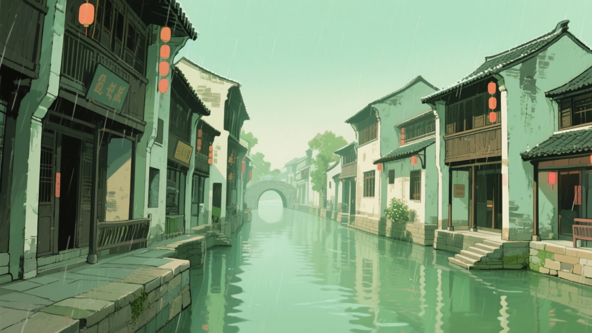 二次元古风，古城，江南烟雨，河边，古街上，构图夸张，浅绿色，细节丰富，不要人物，生成2张，16:9预览效果