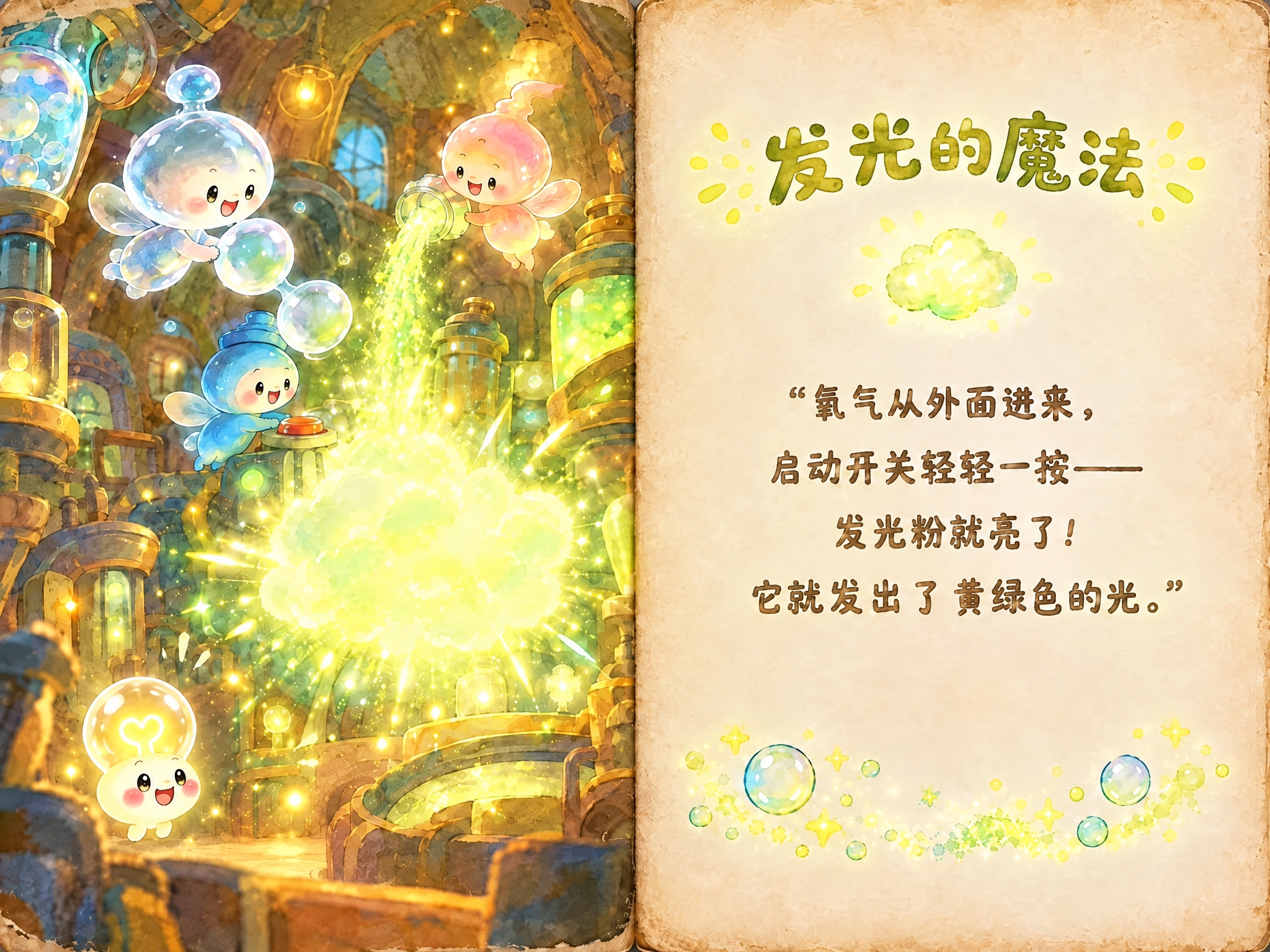 儿童绘本故事跨页五，横版左图右文布局，对开页中间有书脊缝隙。左… - 图片创意预览