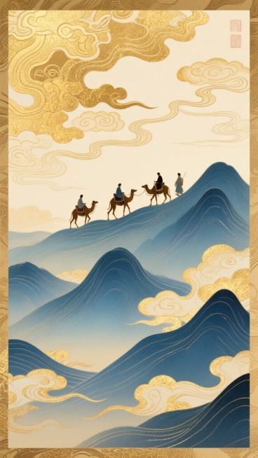 国风山水艺术风格，金色与青蓝色渐变色调，波浪状线条勾勒的起伏山峦，四位骑骆驼的旅人行走于山脊，背景是祥云纹样与金色云雾，整体呈现出古典卷轴画般的层次感与流动感，线条细腻流畅，色彩浓郁和谐，具有浓厚的东方美学韵味与诗意氛围。预览效果