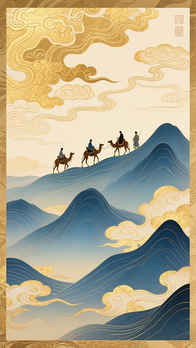 国风山水艺术风格，金色与青蓝色渐变色调，波浪状线条勾勒的起伏山峦，四位骑骆驼的旅人行走于山脊，背景是祥云纹样与金色云雾，整体呈现出古典卷轴画般的层次感与流动感，线条细腻流畅，色彩浓郁和谐，具有浓厚的东方美学韵味与诗意氛围。