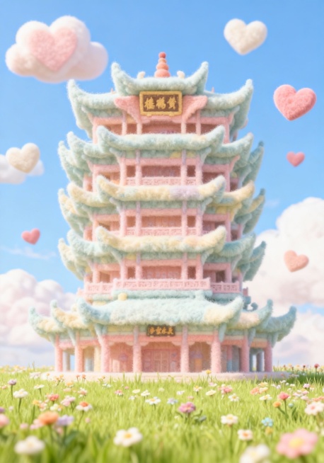 超可爱的毛绒质感黄鹤楼建筑，整体是清新马卡龙色系，周围是开满小花的治愈草坪，蓝天白云飘着爱心形状云朵，营造温暖陪伴感 ，风格梦幻治愈，细节丰富，建筑的毛绒纹理要蓬松柔软，色彩过渡自然，背景有清新花草点预览效果