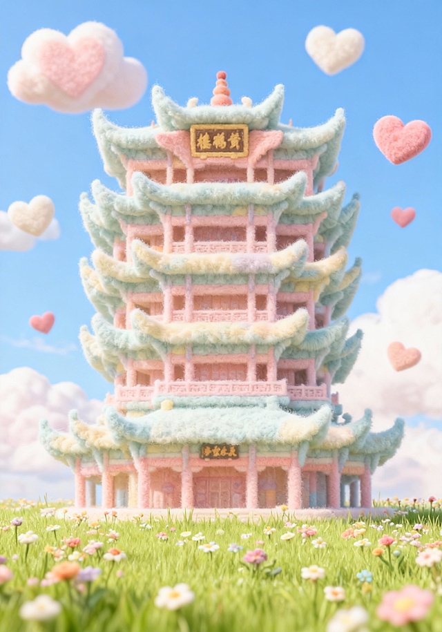 梦幻甜系软3D风古塔，毛发生长质感搭配漂浮爱心云朵，超现实童话场景，满溢可爱与甜蜜感。