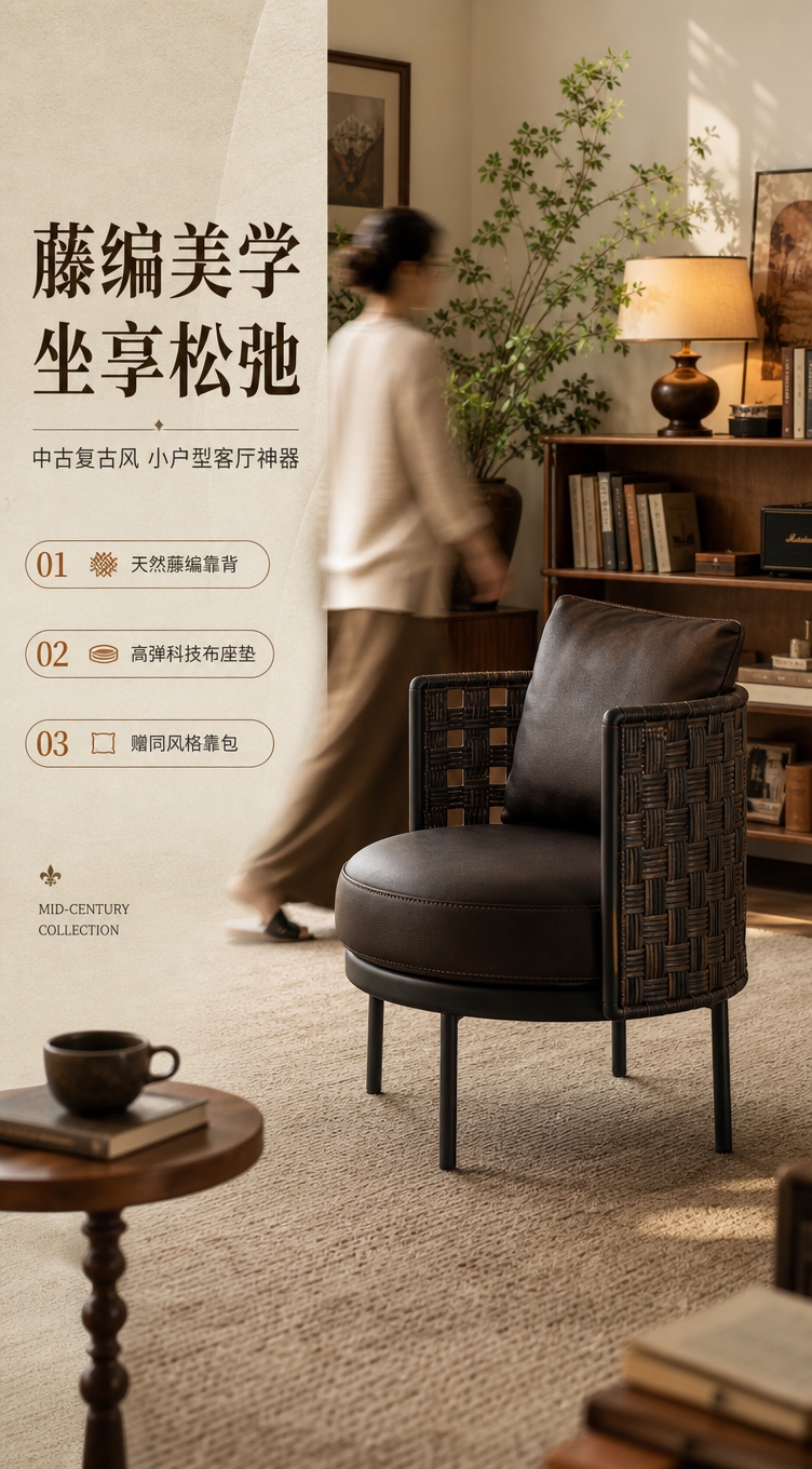 [商品] 使用【图1】深棕色藤编靠背休闲椅；保留藤编方格靠背、… - 图片创意预览