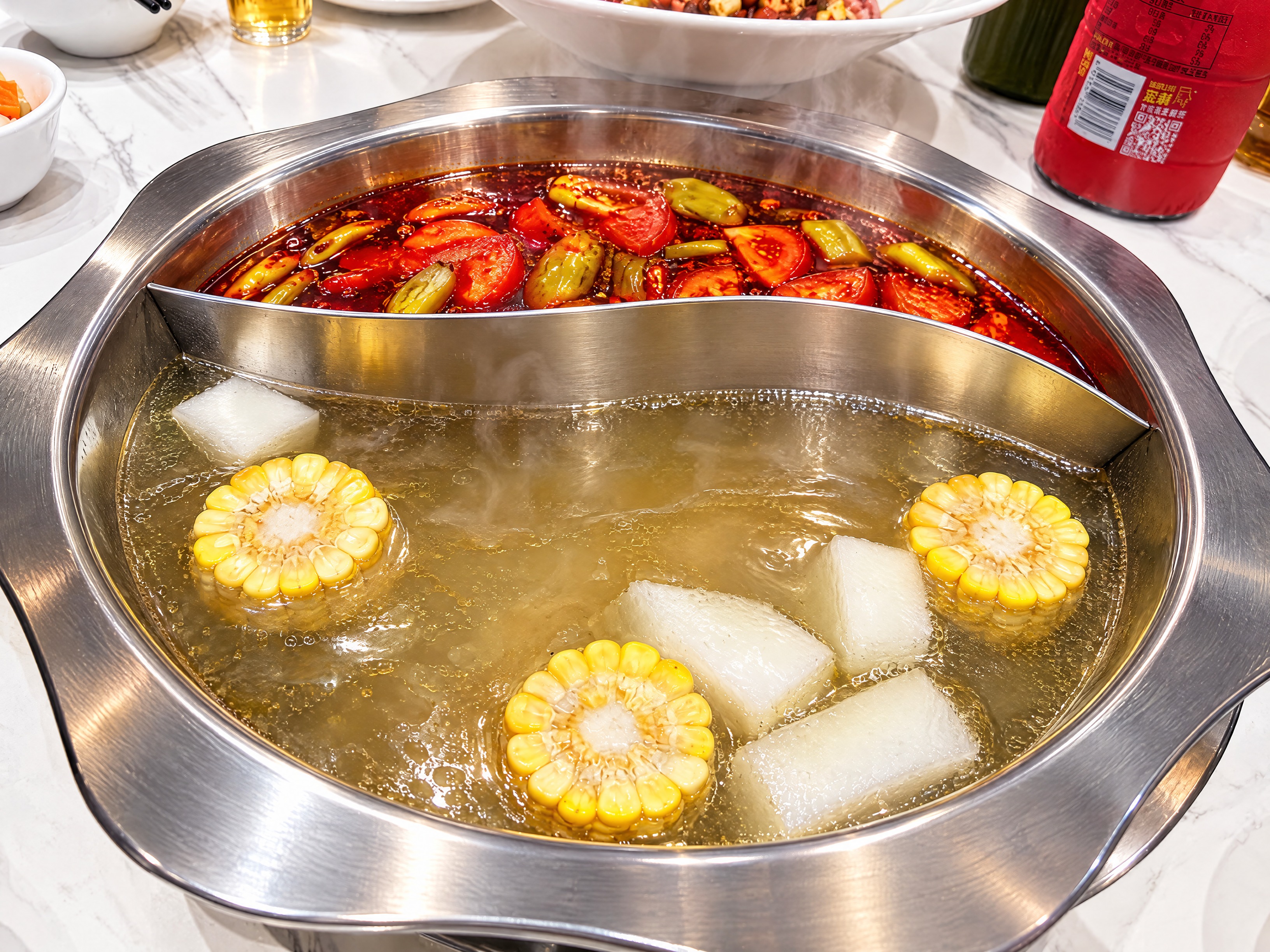 美食摄影风格，提升画质，增强鸳鸯火锅色泽和质感，红汤浓郁红亮、… - 图片创意预览