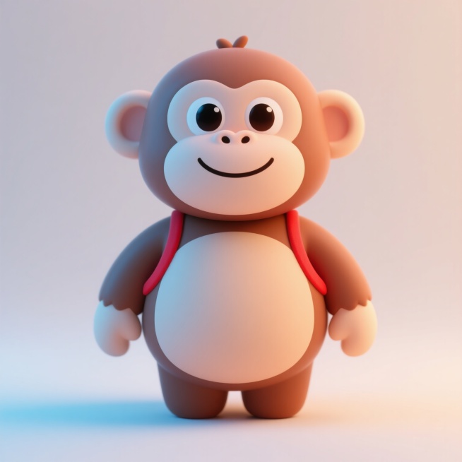 一只圆滚滚身体、大眼睛、微笑表情的卡通猴子，穿着红色小背心，背景简洁柔和，色彩明亮活泼预览效果