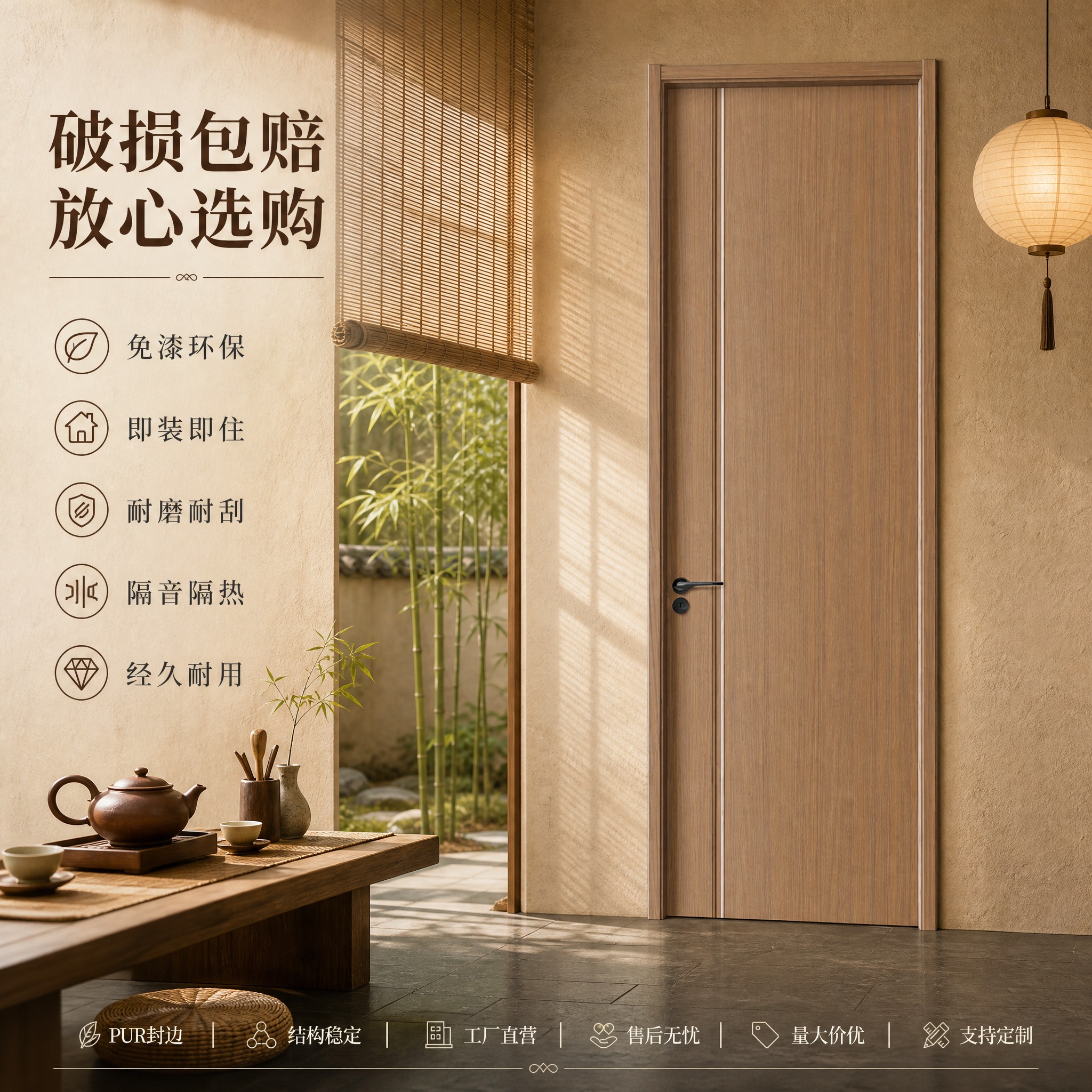 [主图-7] 浅棕色细线装饰室内木门 中式茶舍电商主图。 [统… - 图片创意预览
