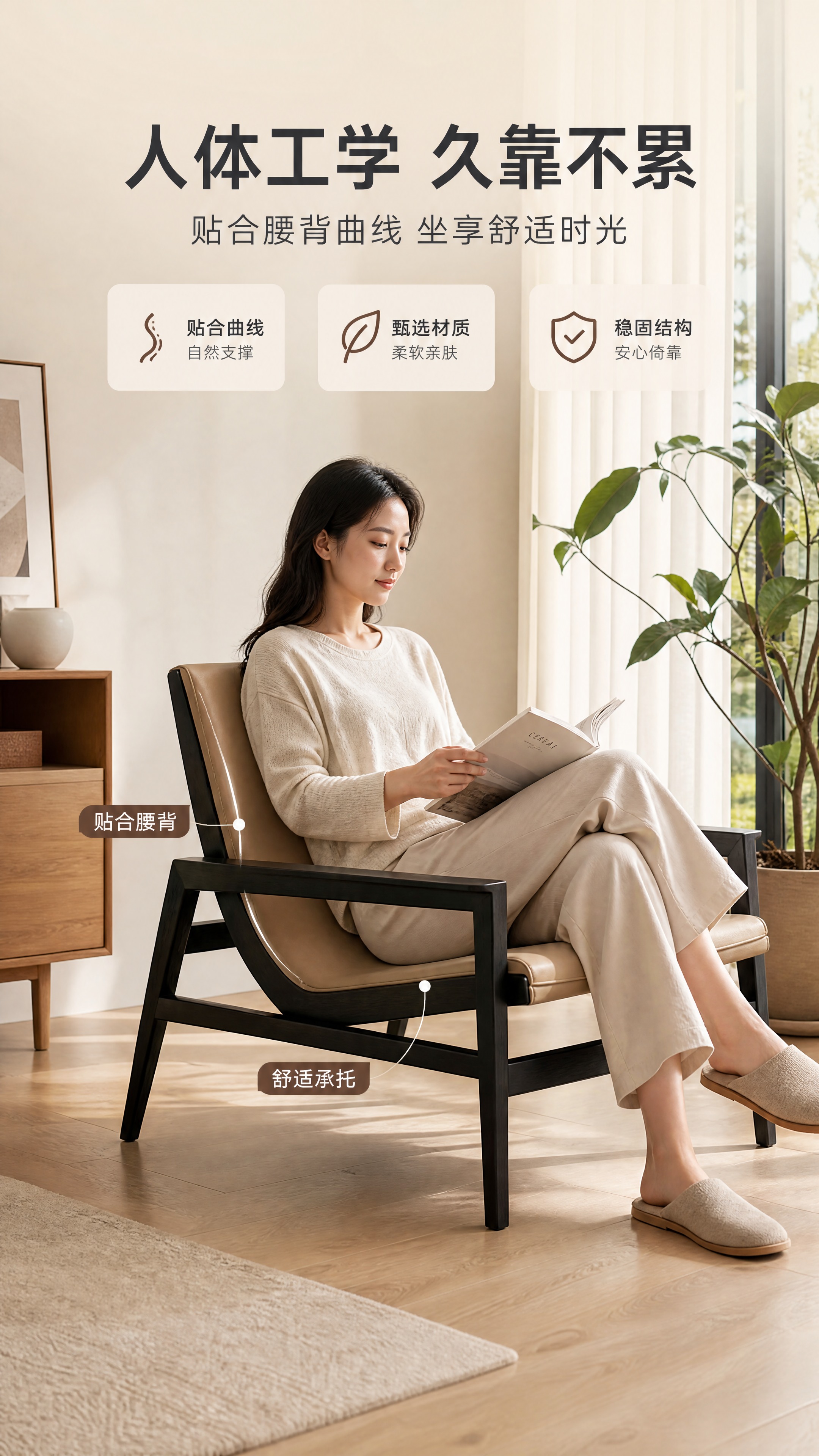 [商品] 使用【图1】北欧简约实木真皮休闲椅；保留黑色实木框架… - 图片创意预览