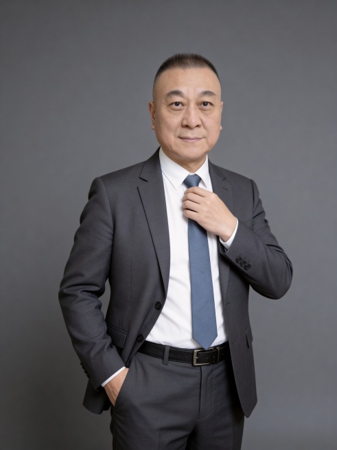 参考第一张图保留人物脸型､发型､年龄特征生成职场形象照,正脸照;人物居中,消除痘印,肤质优化处理提亮肤色,均匀肤色,干净的男士淡妆,气色自然,无明显浓妆痕迹;身穿暗灰色西装外套和同色系西裤,白色衬衣,预览效果