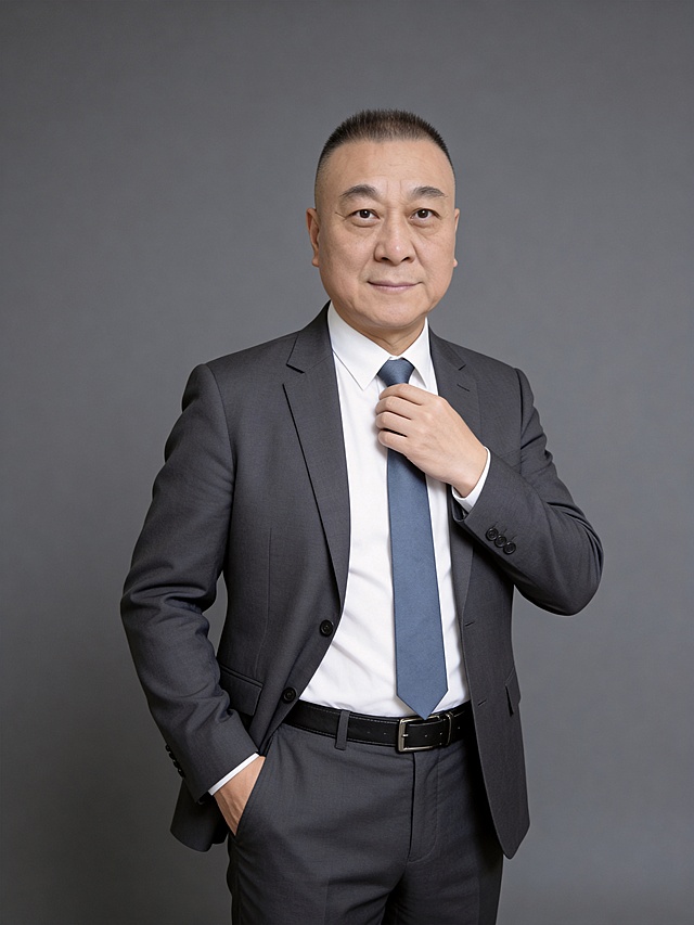 参考第一张图保留人物脸型､发型､年龄特征生成职场形象照,正脸照;人物居中,消除痘印,肤质优化处理提亮肤色,均匀肤色,干净的男士淡妆,气色自然,无明显浓妆痕迹;身穿暗灰色西装外套和同色系西裤,白色衬衣,灰蓝色领带,暗色皮带,西装剪裁合身,面料挺括,一手轻调整领带,另一手插于裤兜,站立,臀部以上半身像,表情动作自然,眼神坚定直视镜头,表情沉稳淡然;淡妆,柔和自然打光,画质清晰,头部完整,高清棚拍专业摄影人像写真,去除人物之外的所有元素,50MM标准焦段,F/4光圈(F/2.8-F/4区间),相机与人物距离2米,横向16:9比例(左右预留环境空间),人物占画面60%,入镜头部至膝盖上方20CM,平视视角,头肩比例协调,结构准确;肌肤白皙透亮,柔光提亮,细腻无瑕,通透高级,干净清透肤质,肤色均匀,柔光美白细腻陶瓷肌肤,自然提亮,光影柔和通透水光肌,肤质细腻平滑干净哑光肤质,无油光无暗沉,肤色均匀提亮;杰作,最佳画质,超高细节,写实摄影,中近景人像,面部清晰,五官精致,皮肤细腻通透,白皙清透皮肤,干净肤色,健康肤色,无蜡黄,无暗沉,无黄皮,柔光,正面补光,面部光线均匀明亮,无浓重阴影,冷色调白平衡,画面干净清新,色调明亮,对焦清晰,肤质细腻,高清皮肤细节;面部光比1:1.5,4800K中性光,修饰脸型,肤质哑光细腻,面部雾面柔光,轻透裸肌感,真实毛孔纹理,32K画质,去除人物之外的所有元素,零噪点降噪,中深灰度纯色背景｡