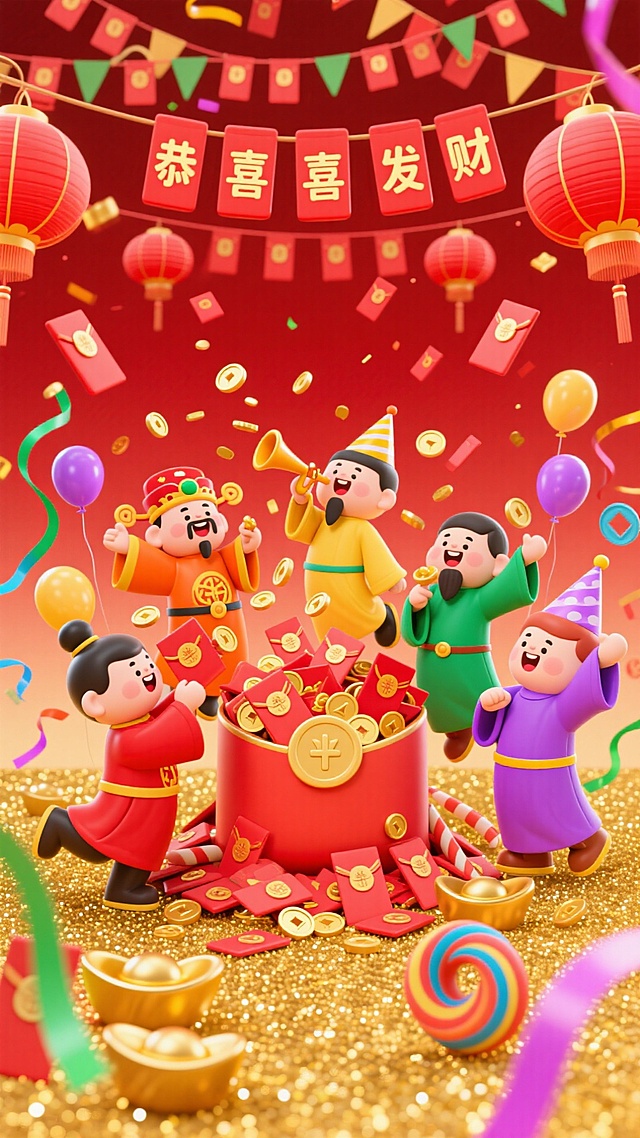 画面以挂满红包的卡通派对为核心，红色灯笼高悬，金色地毯铺地。五位身着红、橙、黄、绿、紫色长袍的Q版可爱财神，正围着中央的巨大红包堆狂欢。

他们有的抛洒派对帽，有的拆红包撒金币，有的吹喇叭欢呼，有的踩着元宝跳舞，还有的在红包堆里开心打滚。四周漂浮着绚丽彩带、旋转元宝和“恭喜发财”气球，背景是铺满金色闪粉的大红渐变，共同构成一场喜庆热烈的财神主题派对。