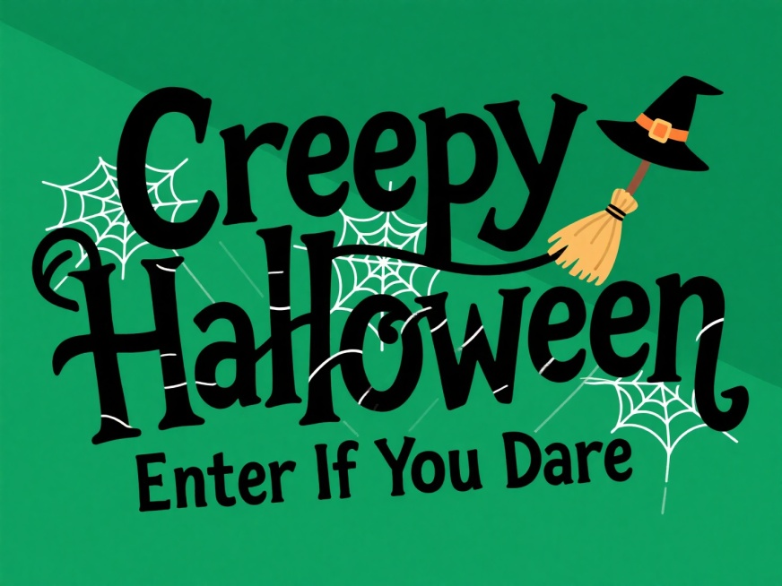 以 “Creepy Halloween” 和 “Enter If You Dare” 为核心文字。“Creepy” 采用带有蛛网纹路的尖锐字体，“Halloween” 字母 “w” 设计成女巫扫帚造型预览效果