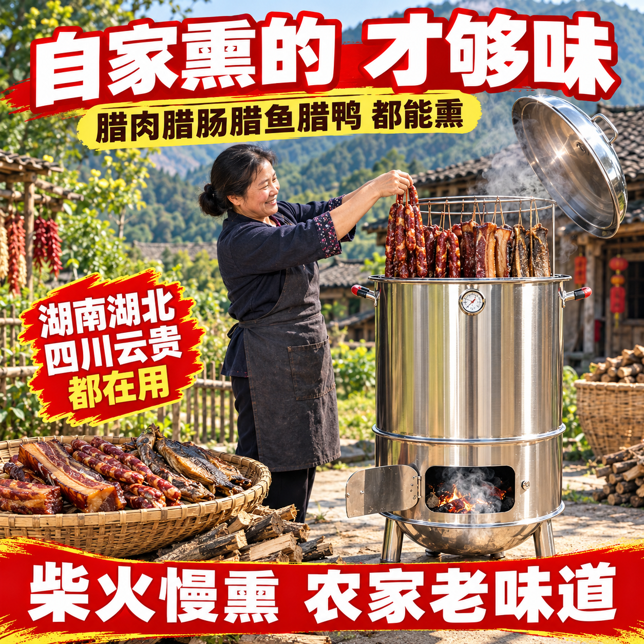 [主图-4] 真实使用场景图：西南乡村农家妇女正在往炉里挂腊肉… - 图片创意预览