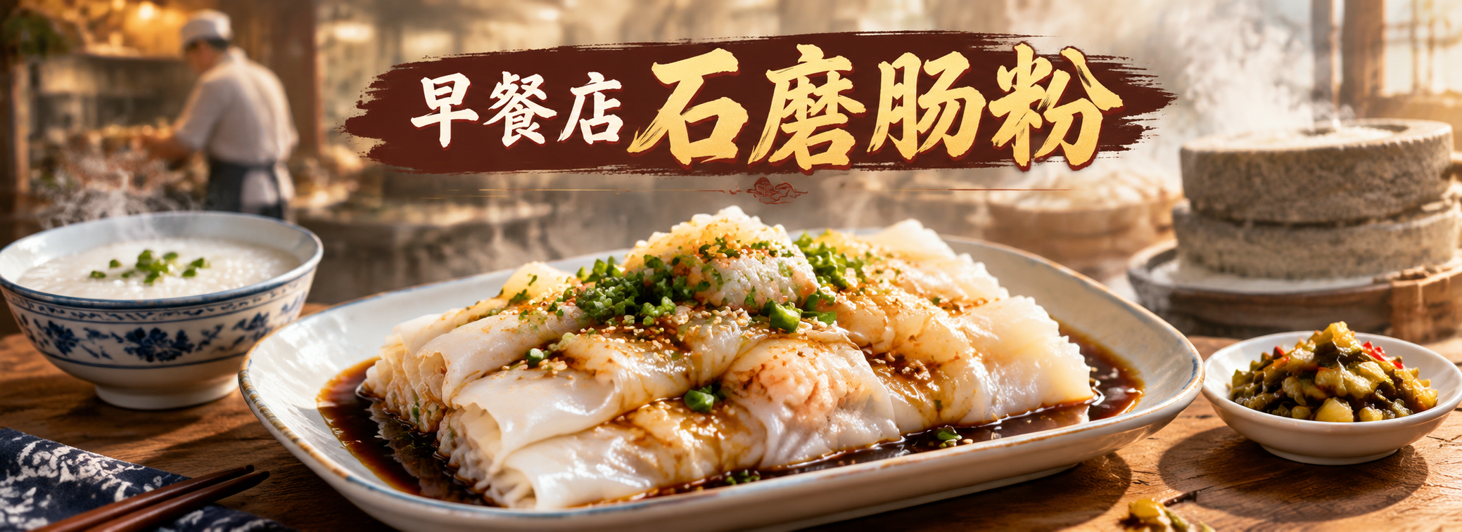 早餐店石磨肠粉海报设计，写实风格，横版长构图，画面展示丰盛的早… - 图片创意预览