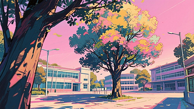 二次元，浪漫，约会，校园，树下，景点，天空，不要人物，生成10张，细节丰富，元素多彩，浅粉色，不要人物