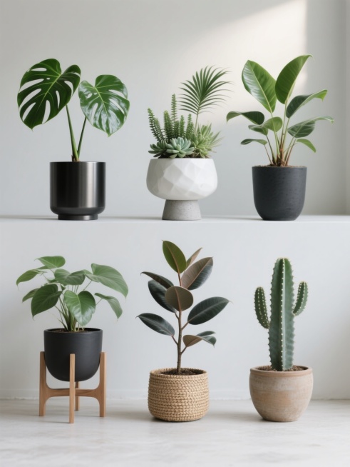 简约现代风格绿植组合海报，六个不同种类的室内绿植盆栽，包括龟背竹、琴叶榕、多肉植物组合、散尾葵、橡皮树和仙人掌，分别种植在黑色哑光金属盆、白色陶瓷异形盆、灰色水泥质感高脚盆、木质托架盆、编织纹理盆和粗陶素烧盆中，整体采用柔和的浅灰色背景，顶部单侧柔光照射形成轻微阴影，绿植叶片色彩鲜亮饱和，展现自然生机，构图采用上下两排均匀分布，每个盆栽间距适中，保持清晰的视觉层次，突出绿植的形态美感与不同花盆……预览效果