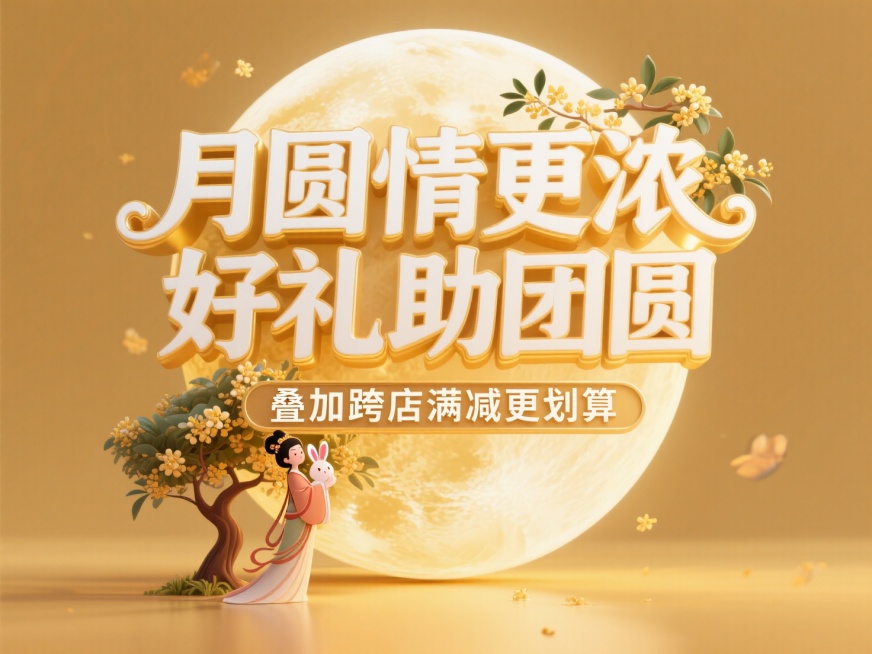 大标题“月圆情更浓  好礼助团圆”（白色字金色边）底部悬浮副标题""叠加跨店满减更划算"。嫦娥抱着兔子站在桂花树下。字体后面有一个超级大月亮，周围点缀桂花元素，暖金色调，纯色背景预览效果