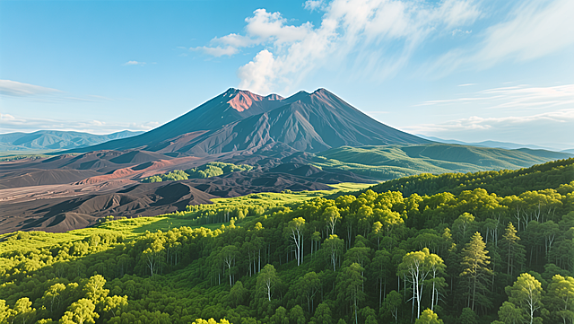 自然与科技交融的未来山景，3D渲染呈现赛博朋克风火山地貌，霓虹光影点缀森林，金属质感与虚拟现实交织，展现现代感十足的生态奇观。