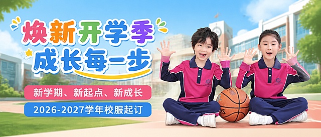 将图片原背景替换为简洁校园风背景，进行抠图处理，制作校服商城小程序首页轮播图，尺寸为710*280，不改变小朋友样貌，添加文字：主标题为"焕新开学季，成长每一步"，副标题为"新学期、新起点、新成长
2026-2027学年校服起订"，使用活泼字体，副标题字号适中保证在手机小程序上可清晰看清，不要预留二维码位置