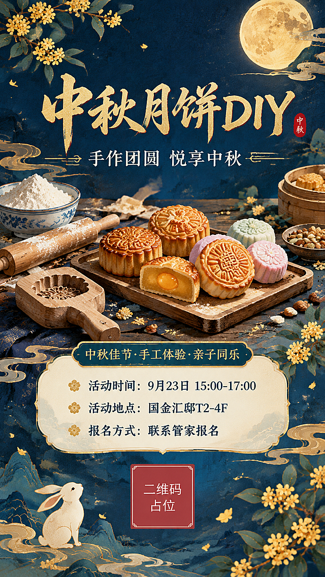 国风新中式工笔风格中秋月饼DIY活动海报，竖版9:16比例。画面整体温馨雅致，充满中秋节日氛围。

背景：深靛蓝色渐变夜空，点缀金色圆月与柔和云纹，底部有淡雅的桂花枝和玉兔剪影装饰，工笔细腻，层次丰富。

主视觉：画面中上部是精美的手工月饼场景，摆放着各式月饼（莲蓉、五仁、冰皮等），旁边有擀面杖、月饼模具、面粉等DIY工具，木托盘承托，质感温润。

文字排版：
- 主标题居中靠上，大字书写"中秋月饼DIY"，金色书法字体，带细腻描边
- 副标题在主标题下方："手作团圆 悦享中秋"，白色宋体，字号适中
- 中部偏下位置设信息卡片区域，米白色半透明圆角卡片，内部分三行清晰呈现：
  "活动时间：9月23日 15:00-17:00"
  "活动地点：国金汇邸T2-4F"
  "报名方式：联系管家报名"
- 卡片上方有装饰性小标签："中秋佳节·手工体验·亲子同乐"

配色：主色深蓝靛青+金色+米白，点缀少量朱红印章元素，整体典雅大气，符合中式审美。

画面中所有二维码区域使用纯色方块占位符呈现，方块中央标注"二维码占位"文字，严禁生成任何可识别的二维码图案。
画面中所有信息区域必须填充完整合理的内容，不得出现空白框、空白占位、横线待填写区域、空列表项、空单元格；确保是完整可用的成品海报而非待填写模板。
画面中所有数字必须精确渲染，不得错位、遗漏或编造。
版式精美，构图均衡，四周留足安全边距，文字清晰可读。超高清画质，工笔细腻，质感高级。