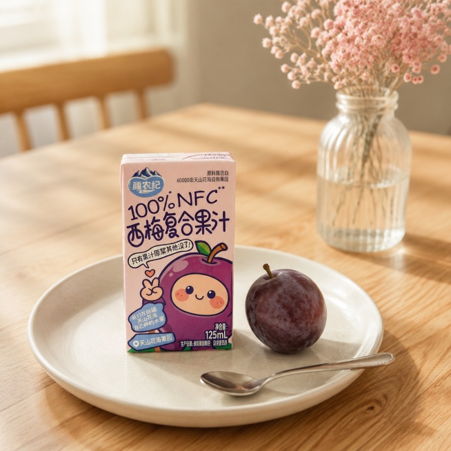 超写实商业产品摄影，北欧温馨风格。
主体：饮料包装盒严格参照上传产品图，完整保留所有可见组件、轮廓、结构、比例、材质、颜色与产品本体上的文字信息，与上传图完全一致；清除产品本体之外多余信息，产品作为第预览效果