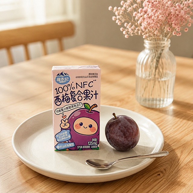 超写实商业产品摄影，北欧温馨风格。
主体：饮料包装盒严格参照上传产品图，完整保留所有可见组件、轮廓、结构、比例、材质、颜色与产品本体上的文字信息，与上传图完全一致；清除产品本体之外多余信息，产品作为第一视觉焦点，自然融入场景光影，与场景共处同一物理空间。
构图：抬高俯视拍摄，产品放在餐桌一角。
风格：奶油风北欧温馨，生活化氛围。
场景：温馨原木餐厅早餐场景。
陈列：①浅橡木色原木餐桌，哑光木纹，浅棕色；②产品放在白色陶瓷餐盘左侧；③餐盘旁放一颗完整紫色西梅和一把银色小勺；④背景远处有一瓶浅粉色满天星干花插在透明玻璃花瓶中。
配色 / 材质：橡木棕 / 奶白 / 紫色 / 银色；原木 / 陶瓷 / 玻璃 / 干花。
光影：午后窗光从斜前方40度照入，整体偏暖调，柔和自然阴影，生活化氛围。
严格锁定宽高比为 1:1。
4K 写实。