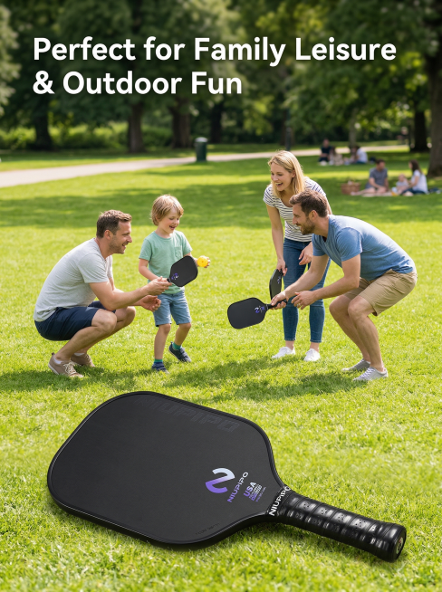 保持匹克球拍外观和原图完全一致，户外公园草坪场景，营造轻松健康的亲子休闲运动氛围，匹克球拍放在前景，背景有一对欧美亲子在草坪上玩耍使用匹克球拍，整体画面自然明亮，核心slogan文字"Perfect预览效果