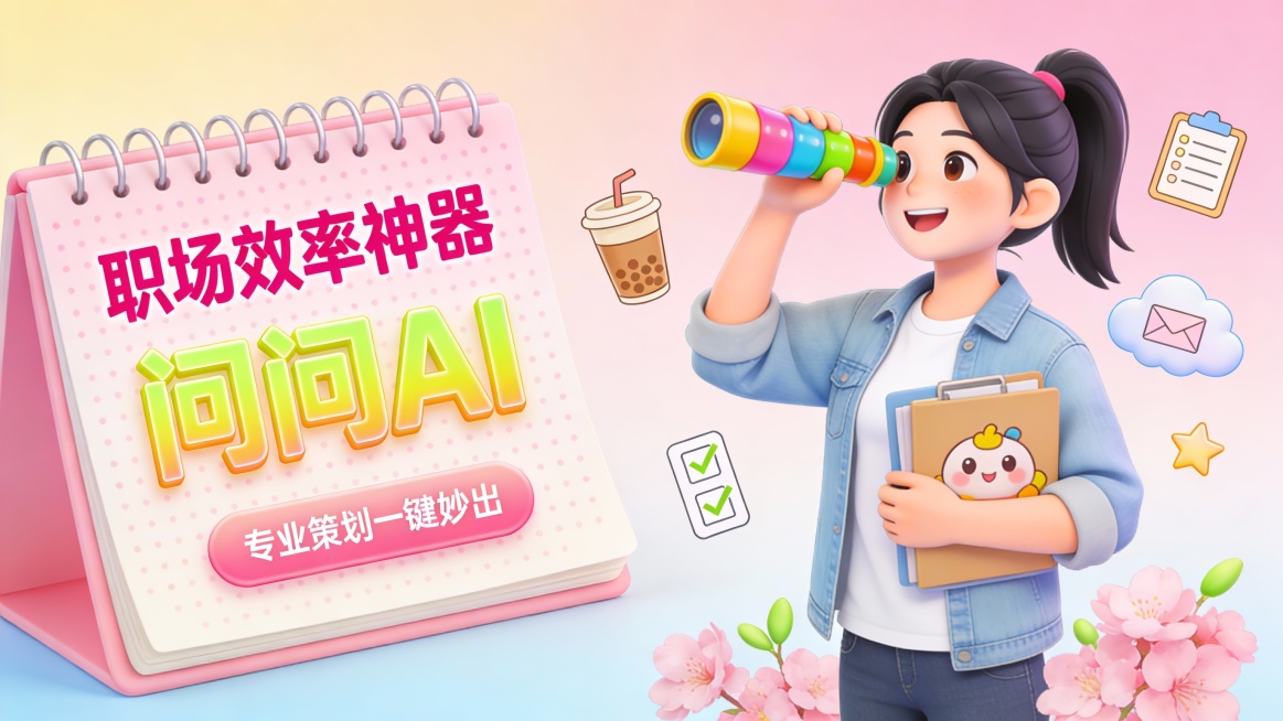 这是一张主打年轻职场新人定位的职场效率工具宣传图，采用左文右图版式。左侧主体为一本打开的马卡龙粉线圈笔记本，内页为浅粉色波点背景，印有活泼的玫红色字体 “职场效率神器”，下方是荧光黄渐变立体字 “问问预览效果