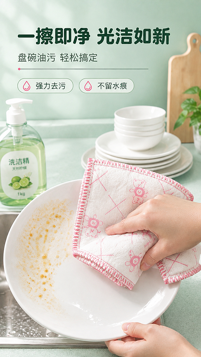[商品] 使用【图1】棉纱抹布擦盘子场景图；商品处理：保留小熊印花、粉色锁边、棉纱材质；将抹布尺寸放大，确保展开后与餐盘比例协调（餐盘直径约25-27cm，抹布27×28cm应接近餐盘大小），折叠使用时也要体现出布料厚实宽大的感觉，不能显得太小；修正手部握持比例，让抹布看起来是一块大尺寸抹布折叠使用的状态。
[画面] 擦盘子场景，中近景构图，厨房水槽台面场景，一只手握着折叠的棉纱抹布正在擦拭白色餐盘，餐盘上有油污，擦拭过的区域洁净；抹布折叠后仍显宽大厚实，展开感充足；旁边摆放洗洁精、碗碟堆叠、砧板等厨房道具。
[视觉] 套系策略：风格=清新洁净家居商业摄影；标题字=圆润黑体粗体；正文字=简洁无衬线黑体；主色=清新薄荷绿；背景延展=基于薄荷绿做深浅层级渐变、厨房台面与墙面同色系延展；强调色=暖粉色，仅用于小面积图标、标签和点缀；标题色=深墨绿；正文色=中灰绿；组件=圆角信息卡、水滴形图标、细线引线；光影=左前侧柔和自然光，明亮通透。
[文字] 顶部主标题"一擦即净 光洁如新"，副标题"盘碗油污 轻松搞定"，配"强力去污""不留水痕"标签；文字横向排版。
[规格] 图片比例9:16竖版，4K，避免抹布过小、比例失调、手部畸形、手指异常、印花变形、绝对化用语。